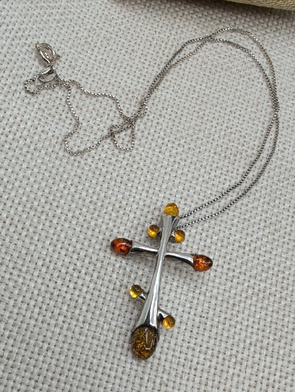 Vintage Baltic Amber Sterling Silver Cross Pendant Necklace 925 Poland 18" - Picture 2 of 16
